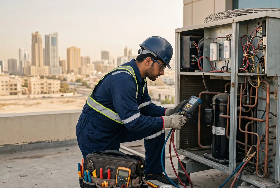 K Star technician testing an AC unit with a gauge set